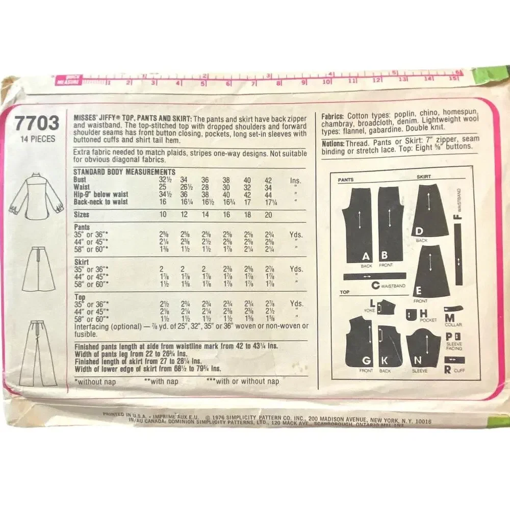 Vtg Simplicity 7703 Top Pant Skirt Pattern 12 Miss 1976 Athleisure Casual Costum